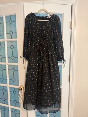 LOFT Black Midi Dress with Gold Dot Print